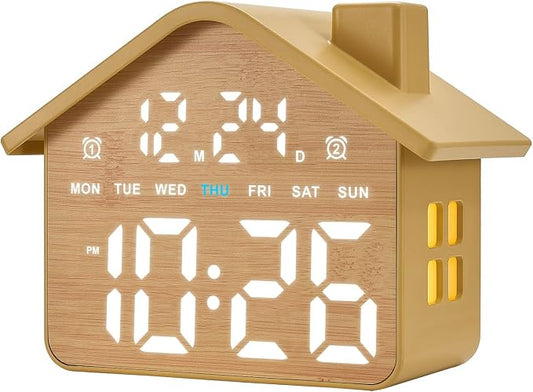 Plumeet Wooden Digital Alarm Clock, Bedroom Clock with Large Numbers, Date, Week, Dual Alarms, Dimmer and Ambient Light, House-Shaped Electric Bedside Desk Clock, Adapter Batteries Powered by Plumeet