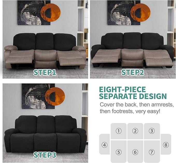YEMYHOM 8 Pieces Stretch Recliner Sofa Cover Latest Jacquard Reclining Couch Cover with Side Pocket Anti-Slip Fitted 3 Cushion Furniture Slipcovers with Elastic Bottom (Sofa Recliner, Black), Large