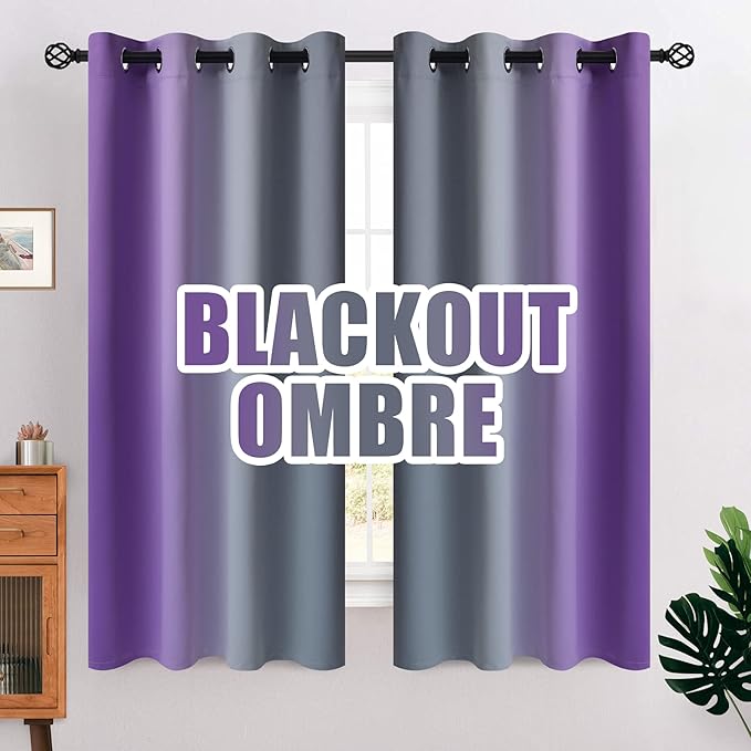COSVIYA Grommet Ombre Room Darkening Curtains 63 inches Length for Kids/Girls Bedroom, Polyester Light Blocking Purple and Grey Gradient Window Drapes/Curtains for Living Room,2 Panels, 52x63 inches