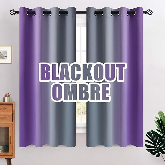 COSVIYA Grommet Ombre Room Darkening Curtains 63 inches Length for Kids/Girls Bedroom, Polyester Light Blocking Purple and Grey Gradient Window Drapes/Curtains for Living Room,2 Panels, 52x63 inches