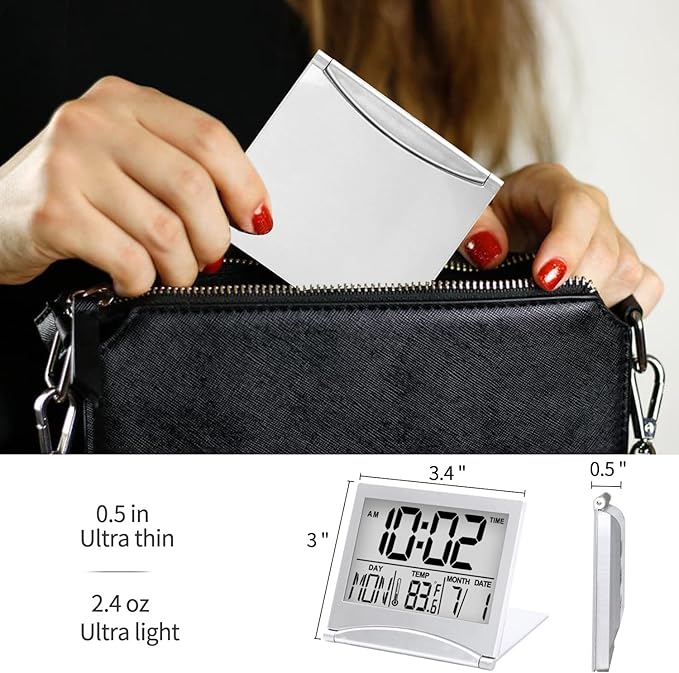 Betus Digital Travel Alarm Clock - Foldable Calendar Temperature Timer LCD Clock with Snooze Mode - Large Number Display, Battery Operated - Compact Desk Clock for All Ages (Silver Pack of 2)