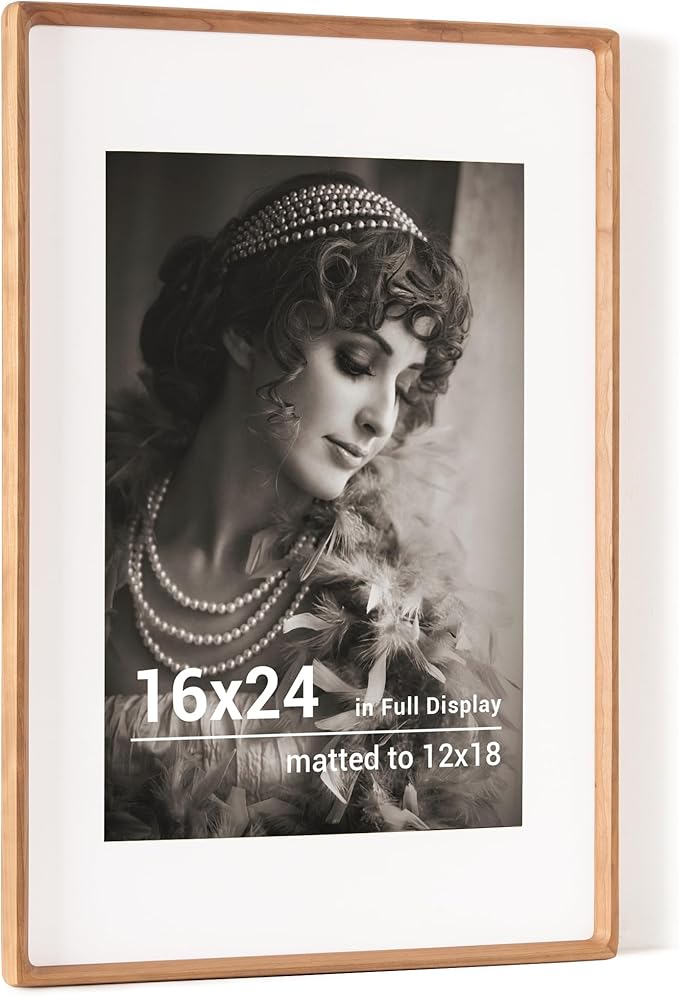 16x24 Poster Frame, USA-Sourced Cherry Wood Picture Frame with HD Tempered Glass, Handcrafted Rounded Corner 16 x 24 Wooden Frames Matted to 12x18 Photos, Horizontal or Vertical Wall Display
