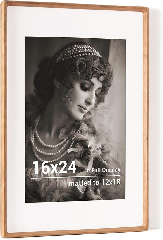 16x24 Poster Frame, USA-Sourced Cherry Wood Picture Frame with HD Tempered Glass, Handcrafted Rounded Corner 16 x 24 Wooden Frames Matted to 12x18 Photos, Horizontal or Vertical Wall Display