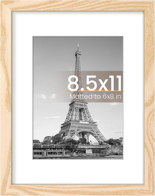 upsimples 8.5 By 11 Picture Frame, Display Pictures 6x8 with Mat or 8.5 x 11 Without, Wall Hanging Photo Frames, Natural, 1 Pack