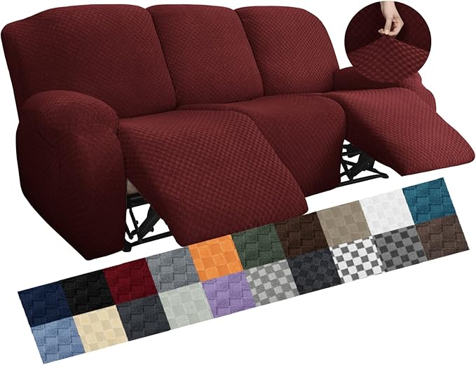 YEMYHOM 8 Pieces Stretch Recliner Sofa Cover Latest Jacquard Reclining Couch Cover with Side Pocket Anti-Slip Fitted 3 Cushion Furniture Slipcovers with Elastic Bottom (Large, Wine Red)