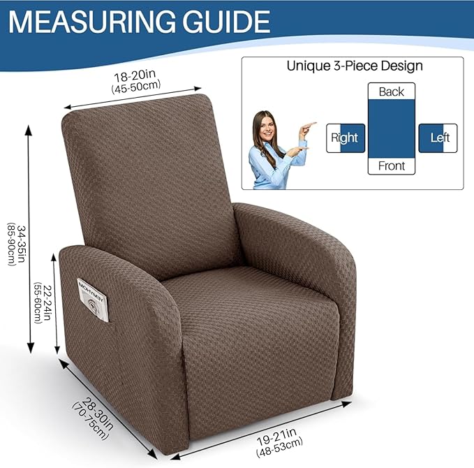 YEMYHOM 3 Pieces Stretch Recliner Slipcover Latest Jacquard Small Recliner Chair Cover with Side Pocket Anti-Slip Fitted Furniture Protector with Elastic Bottom (X-Small Recliner, Light Coffee)