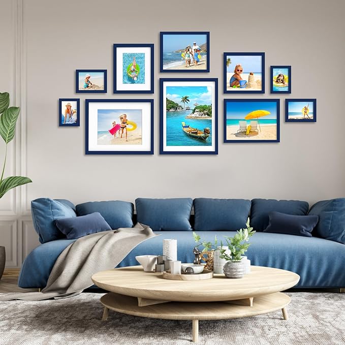 Egofine 5x7 Picture Frame 4PCS Made of Solid Wood, Display Picture 3.5x5/4x6 with Mat or 5x7 Covered by Plexiglass for Table Top Display and Wall Mounting Photo Frame, Navy Blue