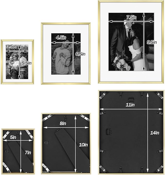 Frametory, Gold Aluminum Picture Frame with Removable Mat - Set of 7 Includes Four 5x7, Two 8x10, One 11x14 - Real Glass Front - Simple Gallery Wall Frames for Art Prints and Posters