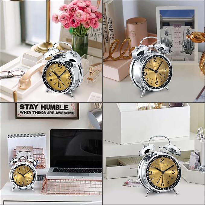 Peakeep Loud Alarm Clock for Heavy Sleepers Adults, Metal 4.5 Inches | Twin Bell Battery Operated Analog Alarm Clocks for Bedrooms Kids' Room Decoration (Golden) - Image 4