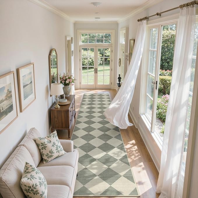 Beeiva Checkered Print Runners for Hallways Non Slip 2.5x12, Green Ultra Thin Washable Runner Rug Neutral Long Rugs for Hallway, Moroccan Plaid Floor Carpet for Kitchen, Modern Gingham Home Decor