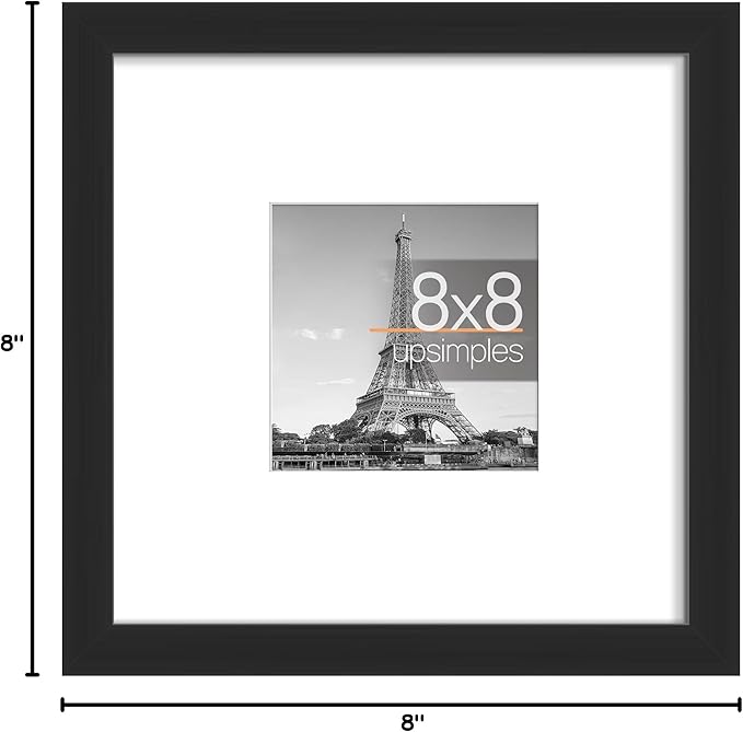 upsimples 8x8 Picture Frame, Display Pictures 4x4 with Mat or 8x8 Without Mat, Wall Hanging Photo Frame, Black, 1 Pack