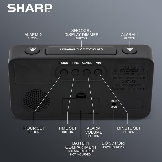 Sharp Digital Alarm Clock, 3" Jumbo Red LED, Dual Alarm, Battery Backup - Image 6