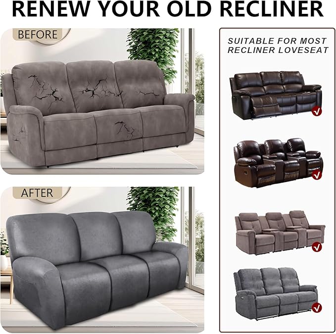 ANARACHON Recliner Couch Cover Leather Look Recliner Sofa Covers for 3 Cushion Reclining Sofa Slipcovers 8-Pieces Furniture Protector Spandex Fabric Washable (3 Seater, 01 Light Grey)