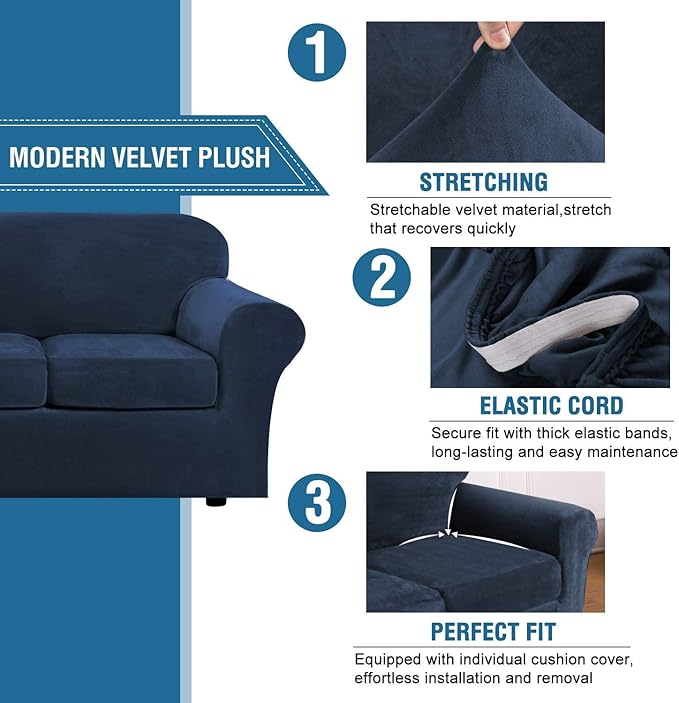 H.VERSAILTEX Real Velvet Plush 3 Piece Stretch Sofa Covers Couch Covers for 2 Cushion Couch Sofa Slipcovers Width Up to 90 Inch Feature Thick Soft Stay in Place (Large Sofa, Navy)