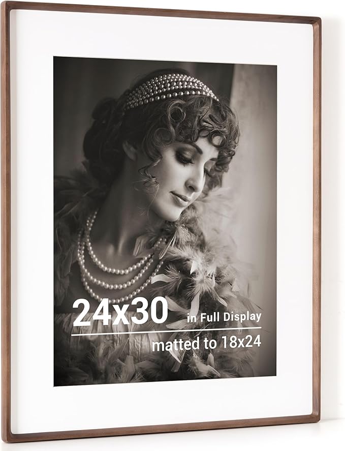 24x30 Poster Frame, USA-Sourced Walnut Wood Picture Frame with HD Tempered Glass, Handcrafted Rounded Corner 24 x 30 Wooden Frames Matted to 18x24 Photos, Horizontal or Vertical Wall Display
