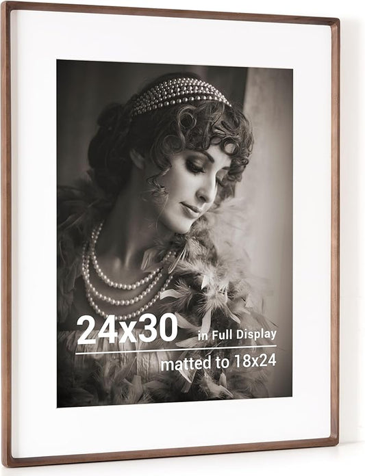 24x30 Poster Frame, USA-Sourced Walnut Wood Picture Frame with HD Tempered Glass, Handcrafted Rounded Corner 24 x 30 Wooden Frames Matted to 18x24 Photos, Horizontal or Vertical Wall Display