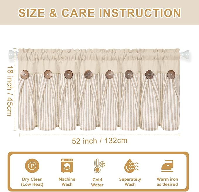 ASPMIZ Farmhouse Cotton Linen Valances for Windows, Boho Kitchen Curtains Valances with Rustic Button, Khaki Striped Window Treatments Curtain Valance for Bathroom Cafe, 52 x 18 Inch, 1 Pannel