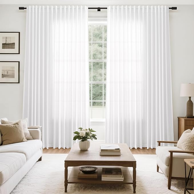 Extra Wide 100 Inch Linen Curtains for Living Room Divider Light Filtering Semi Sheer Back Tab Patio Curtains for Sliding Door White Coastal Decor Sunroom Floor to Ceiling Window Curtain 100x84