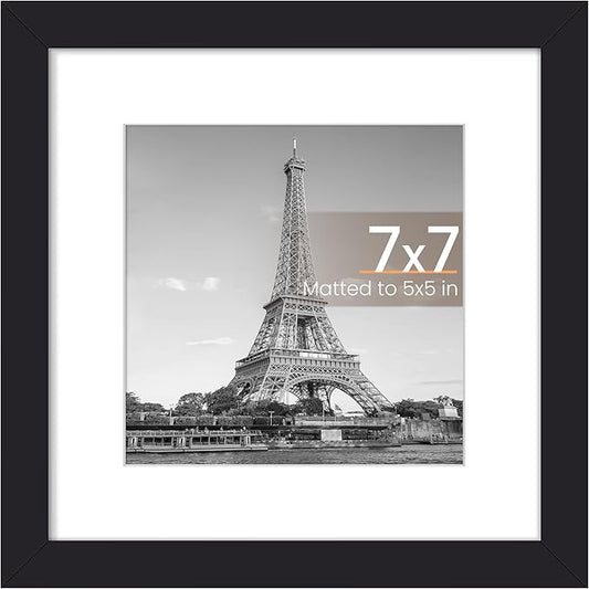 upsimples 7x7 Picture Frame, Display Pictures 5x5 with Mat or 7x7 Without, Wall Hanging Photo Frame, Black, 1 Pack