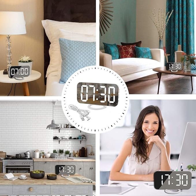 SZELAM Digital Clock Large Display, LED Electric Alarm Clocks Mirror Surface for Makeup with Diming Mode, 3 Levels Brightness, Dual USB Ports Modern Decoration for Home Bedroom Decor-White (001) - Image 7