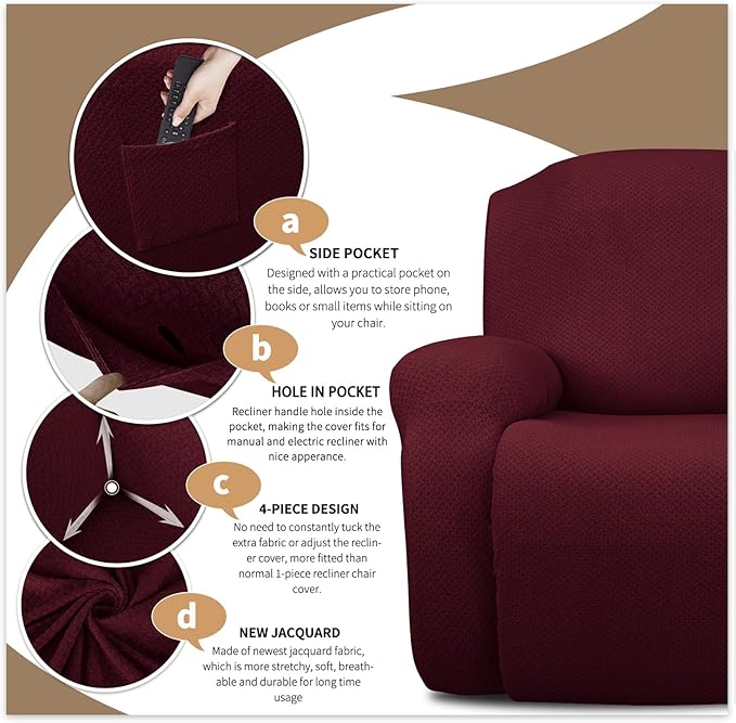 JIVINER 6-Piece Loveseat Recliner Slipcover Stretch Jacquard Recliner Sofa Cover 2 Seater Washable Reclining Couch Cover with Pocket Fitted Furniture Protector Cover (Loveseat Recliner, Wine Red)