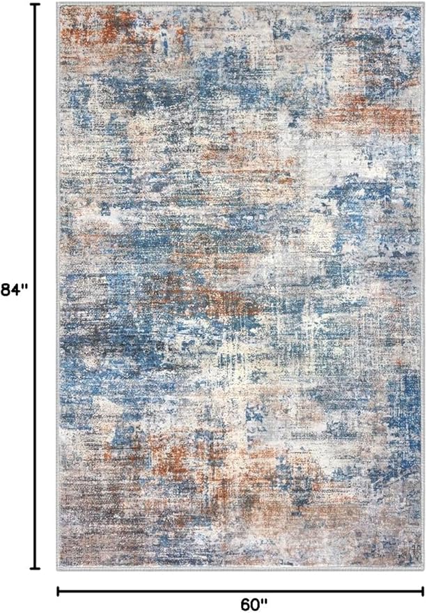 IOHOUZE Abstract Area Rugs 5x7 Ft Washable Rugs for Living Room, Non Slip Dining Room Rug, Printed Faux Wool Rugs for Bedroom, Floor Carpet for Office Nursery Playroom, Blue Rust