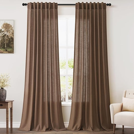 Nanspring Caramel Brown Curtains 100 Inches Long 2 Panels Set Back Tab Linen Extra Long Drapes for Living Room Modern Farmhouse Light Filtering Semi Sheer Linen Curtain for Big Window 52x100