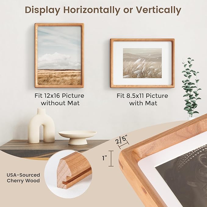 12x16 Picture Frame, USA-Sourced Cherry Wood Photo Frames with HD Tempered Glass, Handcrafted Rounded Corner 12 x 16 Wooden Frames Matted to 8.5x11 Photos, Horizontal or Vertical Wall Display