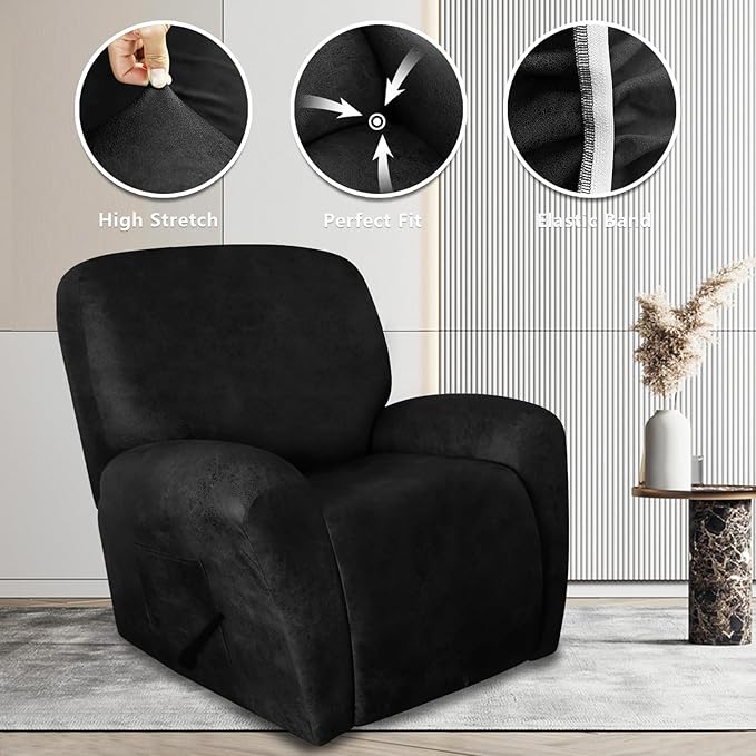 ANARACHON Leather Look Recliner Chair Covers Stay in Place 4-Piece Recliner Slipcovers for Reclining Chair Furniture Protector Spandex Fabric Washable (X-Large, Black)