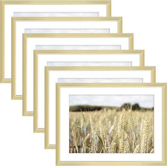 Golden State Art, Gallery Wall Frame Set of 6 - Gold 6x8 Aluminum Photo Frames with Mat for 5x7 Pictures - 6 x 8 inch Metal Frame with Real Glass Cover - Elegant Home or Office Decor