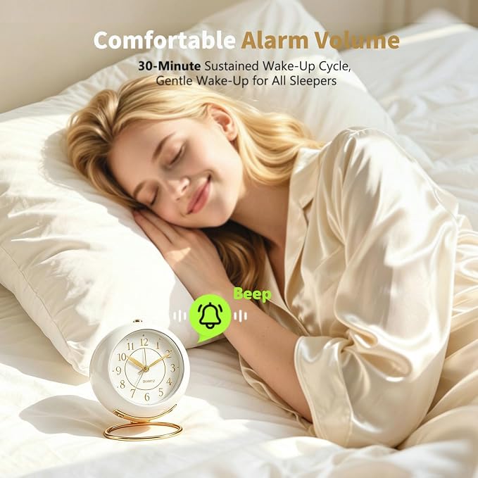 Analog Alarm Clock, Retro Small Desk Clock with Night Light, Backlight Cute Simple Metal Design, Silent Non-Ticking, Battery Powered, for Bedroom,Travel,Kitchen,Bedside Desktop Decor - Image 3