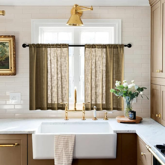 XTMYI Small Burlap Curtains for Kitchen Windows Primitive Linen Look Short Curtain Valances for Small Window Coverings Door Bedroom Sink Above and Under Area Coffee Colored Brown 24 Inch Length