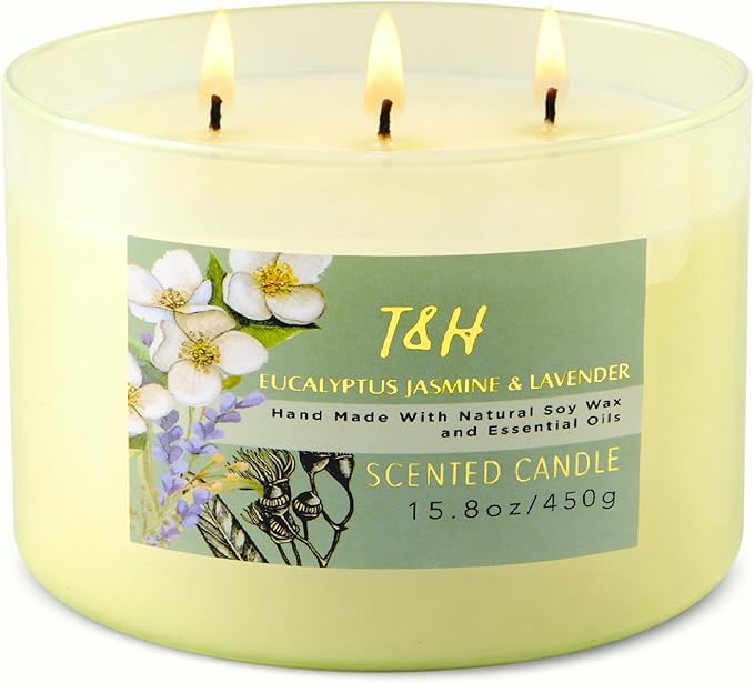 Eucalyptus Jasmine Lavender Scented Candle | 3 Wick Large Soy Candles for Home 15.8oz | Calming Spa Aromatherapy Candle | Strong Scent Long Lasting Clean Burn | Stress Relief Gift for Women & Men