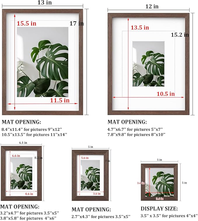 Egofine Picture Frame Set 10 Pack, Picture Frames Collage Wall Decor with Two 12x16,Two 11x14,Two 5x7,Two 4x6,Two 4x4 for Wall and Tabletop, Made of Solid Wood, Covered by Plexiglass, Rustic Brown