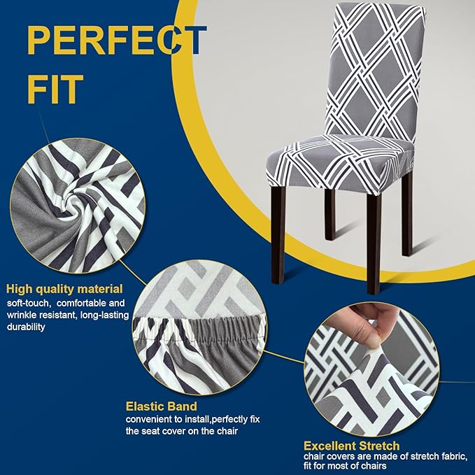 Chair Covers for Dining Room Set of 4, Dining Chair Covers, Kitchen Chair Covers, Stretch Removable Washable Dining Chair Slipcovers for Home, Hotel, Banquet, Grey Rhombus