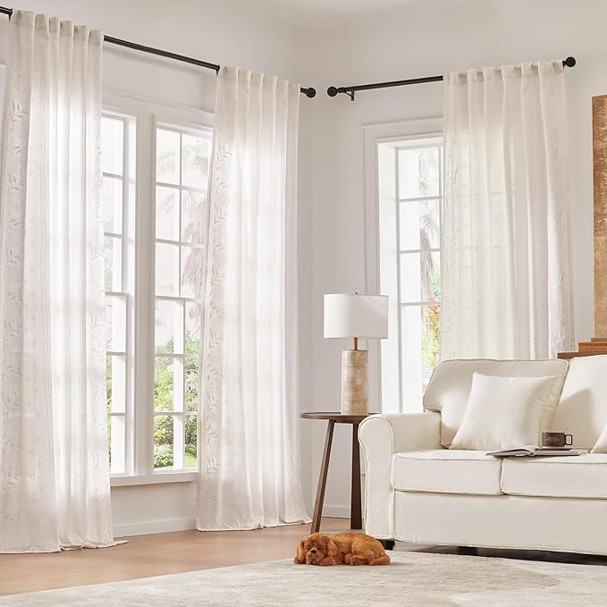 jinchan Winslow Linen Curtains for Bedroom 63 Inches Length Embroidered Bordered Floral Curtains for Living Room Farmhouse Decor Light Filtering Window Treatments White on White Drapes 2 Panels