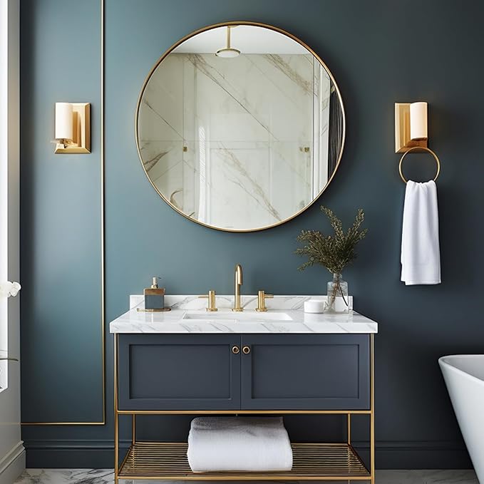 Sunniry Round Gold Mirror, 28 inch Round Mirror, Circle Bathroom Mirrors Metal Frame, Wall Mounted Circle Mirrors for Bathroom, Living Room, Hallway, Farmhouse.