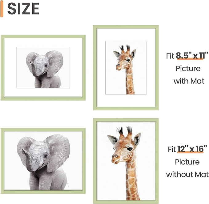 upsimples 12x16 Picture Frame, Display Pictures 8.5x11 with Mat or 12 x 16 Without, Wall Hanging Poster Frames, Green, 1 Pack