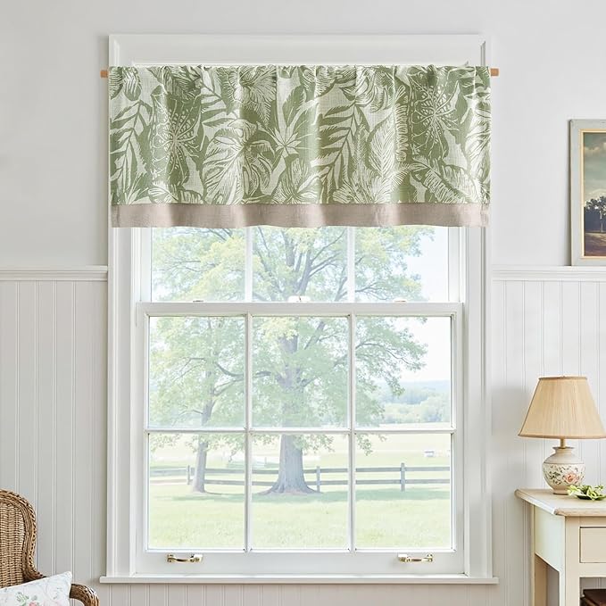 jinchan Linen Curtain Kitchen Valance for Windows Tropical Leaf Printed Valance for Living Room Bathroom Bedroom Blackout Country Farmhouse Kitchen Curtain 16 Inch Rod Pocket 1 Panel Green on Beige