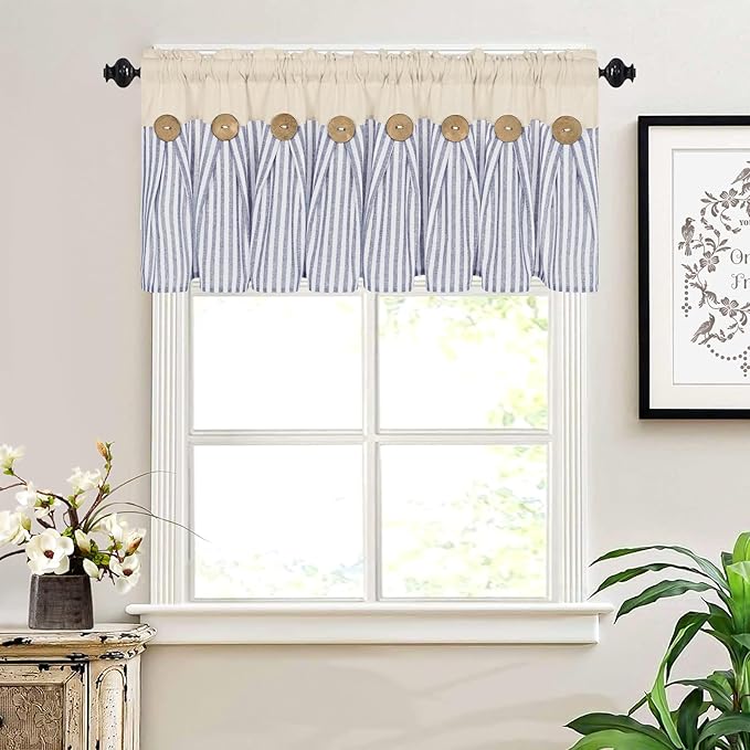 ASPMIZ Cotton Linen Kitchen Valance Curtains, Boho Rustic Button Valances for Windows Farmhouse Style, Blue Stripe Window Valances for Bathroom Cafe, Tie Up Valance for Kitchen Windows, 52 x 18 Inch