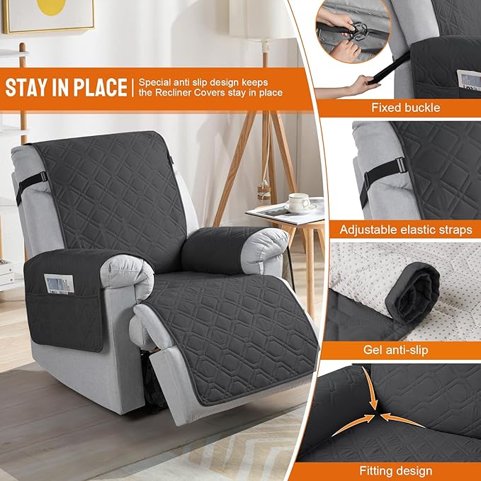 VANSOFY 100% Waterproof Recliner Chair Covers, Recliner Cover Non-Slip Dog Chair Cover Furniture Protector Washable Slipcover with Pocket, Elastic Straps for Pets, Dogs(Charcoal Gray, 20")