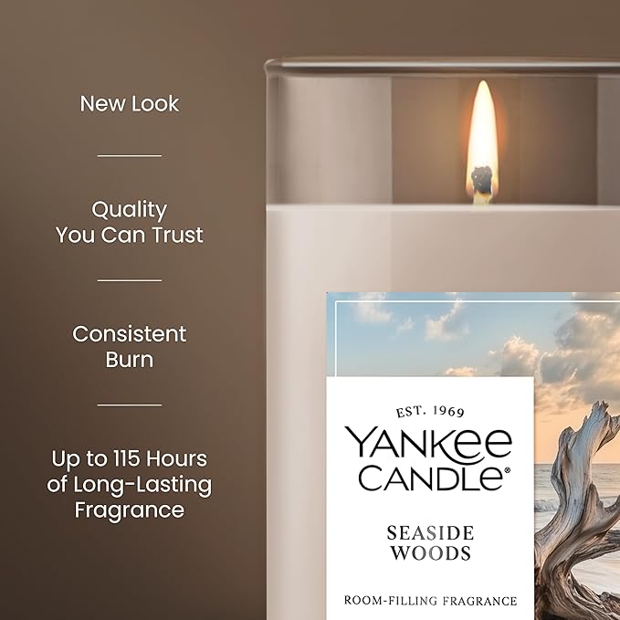 Yankee Candle Medium Pillar Scented Candle with up to 115 Hour Burn Time, Premium Plant Wax Blend for Consistent Burn, 14.25 oz Pillar Candle with Room Filling Fragrance, Seaside Woods