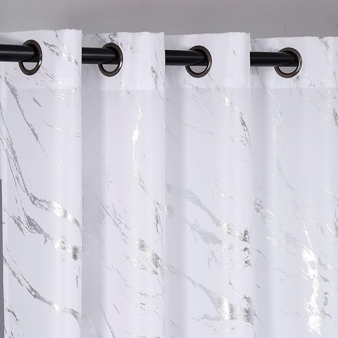 Taisier Home Silver Foil Print Linen Textured Curtains - Geometric Marble Pattern Design for Living Room - Light Filtering Window Treatment, 2 Panels, 72" L, White and Silver