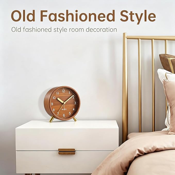 Analog Alarm Clock, Silent Non-Ticking with Night Light, Retro Fashionable Round Metal Alarm Clock for Office, Battery Operated, Bedroom, Elderly, Adults, Men Gifts Back to School,Wood-like Color - Image 6