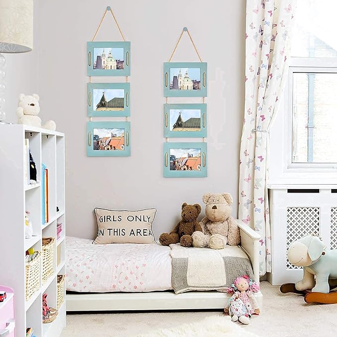 DLQuarts 5x7 Hanging Picture Frames Collage Wall Decor, 3-Opening Photo Frames 5x7 without Mat & 3.5x5 with Mat, Rustic Wood 3 Photo Frames, Ocean Blue