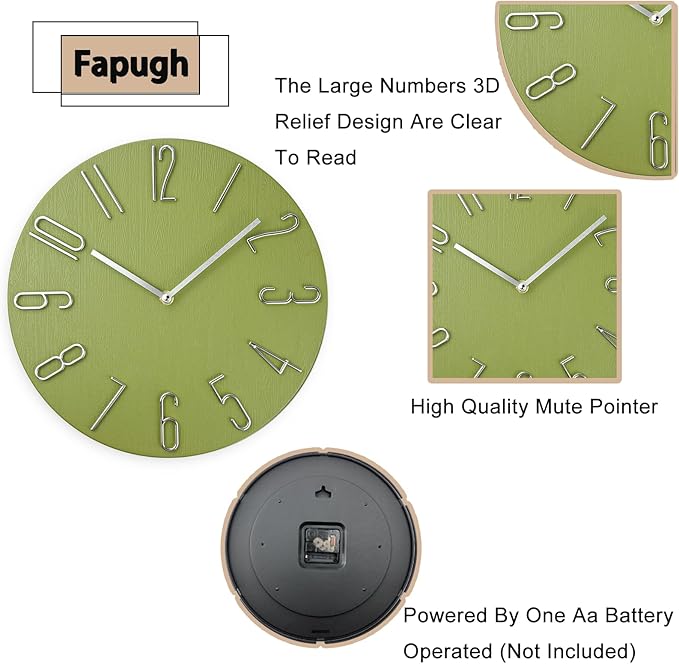 Wall Clock, Silent Clock, Wall Clocks Battery Operated??? 12 inch Modern Wall Clock, Suitable for Offices, Living Rooms, Kitchens, Homes, Schools (Yellow Green Without Second Hand)