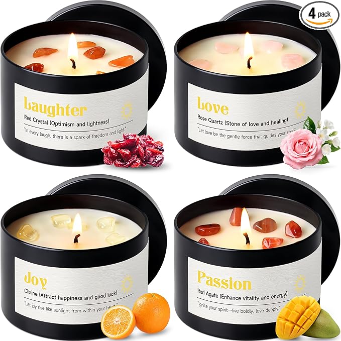 AOOVOO Crystal Energy Candles Set for Women - 4 Pack 26 oz Soy Wax Candles for Home Scented, 200 Hour Long Lasting Candle, Laughter Red Crystal/Love Rose Quartz/Joy Citrine/Passion Red Quartz