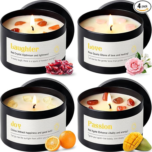 AOOVOO Crystal Energy Candles Set for Women - 4 Pack 26 oz Soy Wax Candles for Home Scented, 200 Hour Long Lasting Candle, Laughter Red Crystal/Love Rose Quartz/Joy Citrine/Passion Red Quartz