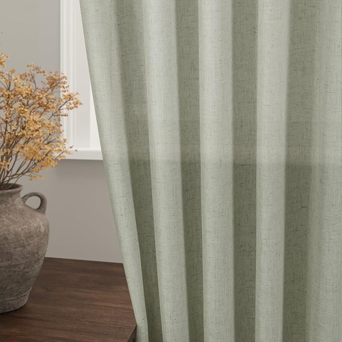 Sage Green Linen Blend Drapes 84 Inch Length 2 Panels Set Back Tab Rod Pocket Semi Sheer Textured Light Green Vertical Curtains Boho Farmhouse Decor Spring Curtains for Living Room Bedroom 40x84