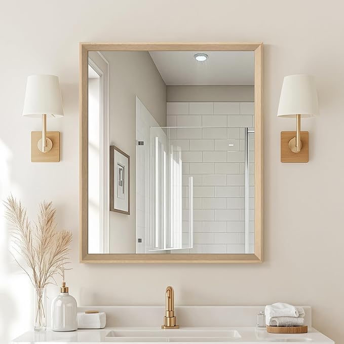 Oak Wood Effect Framed Wall Mirror, 30x36 Rectangle Mirror, Anti-desilvering Tempered Glass, Sustainable& Sturdy Frame, Farmhouse Mirror, Anti-Rust, 3min Fast Setup for Bathroom Living Room